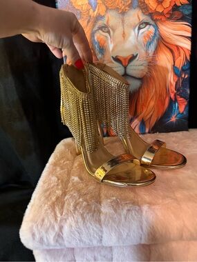 Glaze Gold Stiletto Heels with Crystal Fringe Detail
